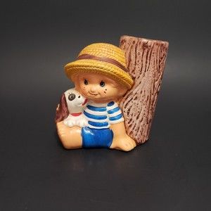 J.S.N.Y Boy Dog Tree 1970ish Figurine Bud Vase ( 4" × 2.25" × 3.75" )